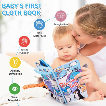 Soft Cloth Baby Books for Infants 0-6 Months - Crinkle Sensory Toys with Glacier Tails for Tummy Time and Touch & Feel Experience (3 Months+)