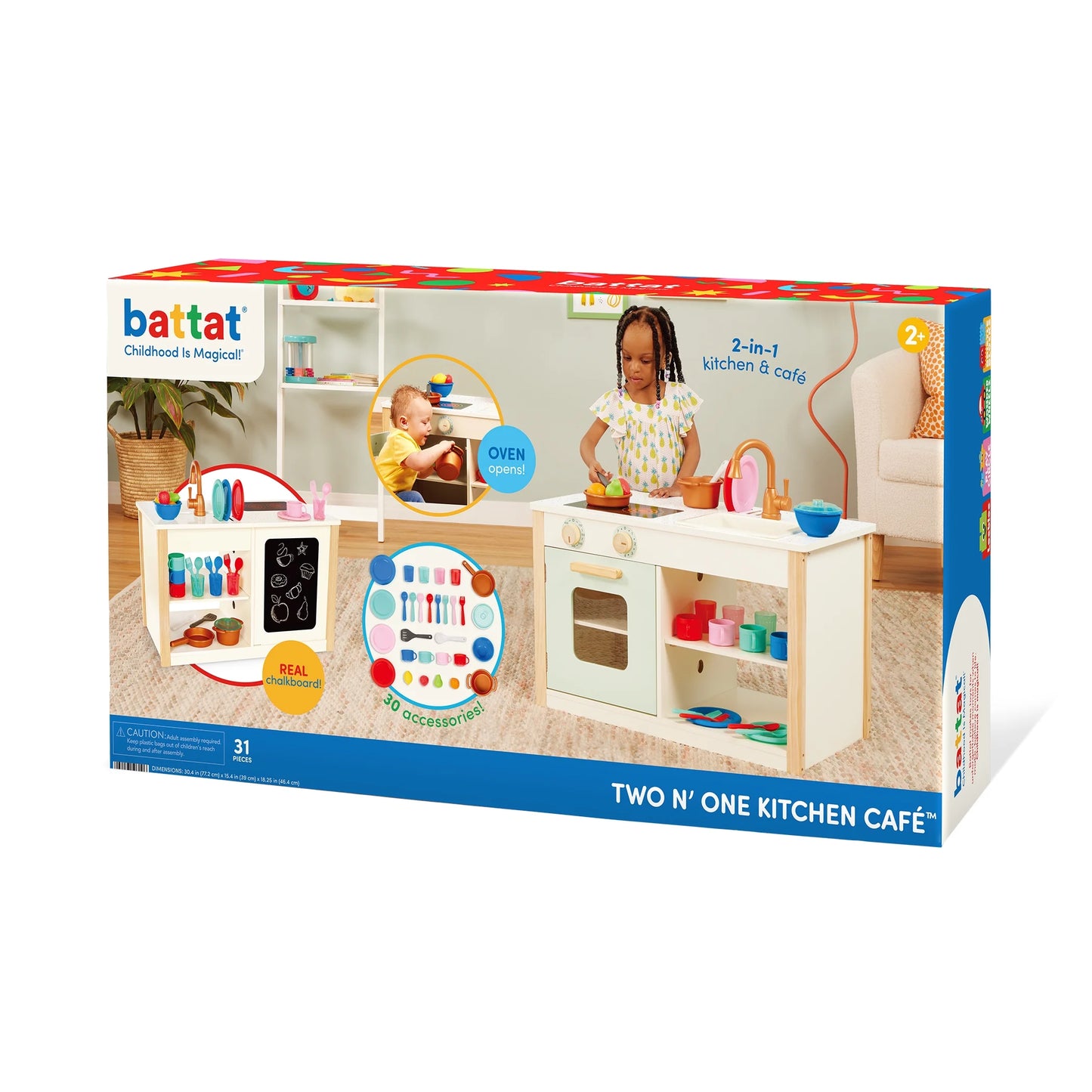 Two N' One Wooden Kitchen Café with Dishes and Chalkboard, Toddler and Preschool Toys