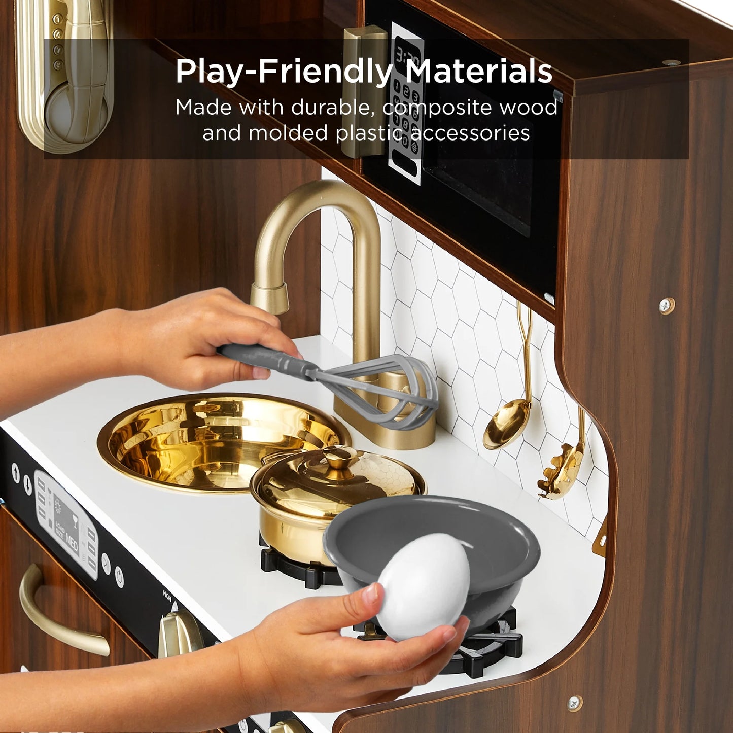 Pretend Play Kitchen Wooden Toy Set for Kids W/ Telephone, Utensils, Oven, Microwave - Espresso