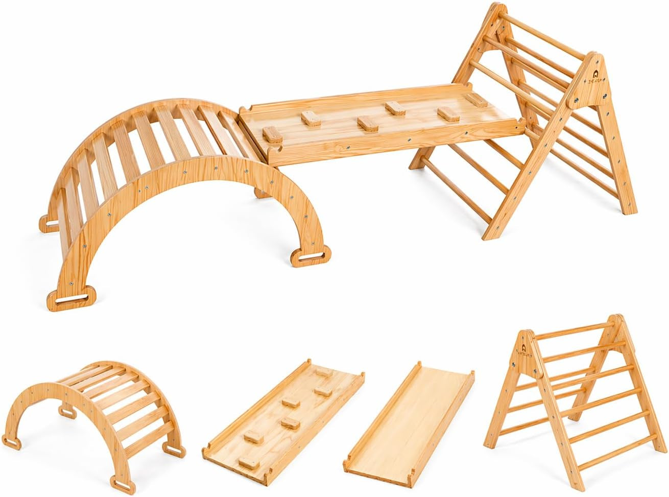 Hazel 5-In-1 Indoor Climbing Gym - Waldorf and Montessori Climbing Set with Triangle Ladder, Climbing Ramp, Arch Climber, Rocker, and Slide