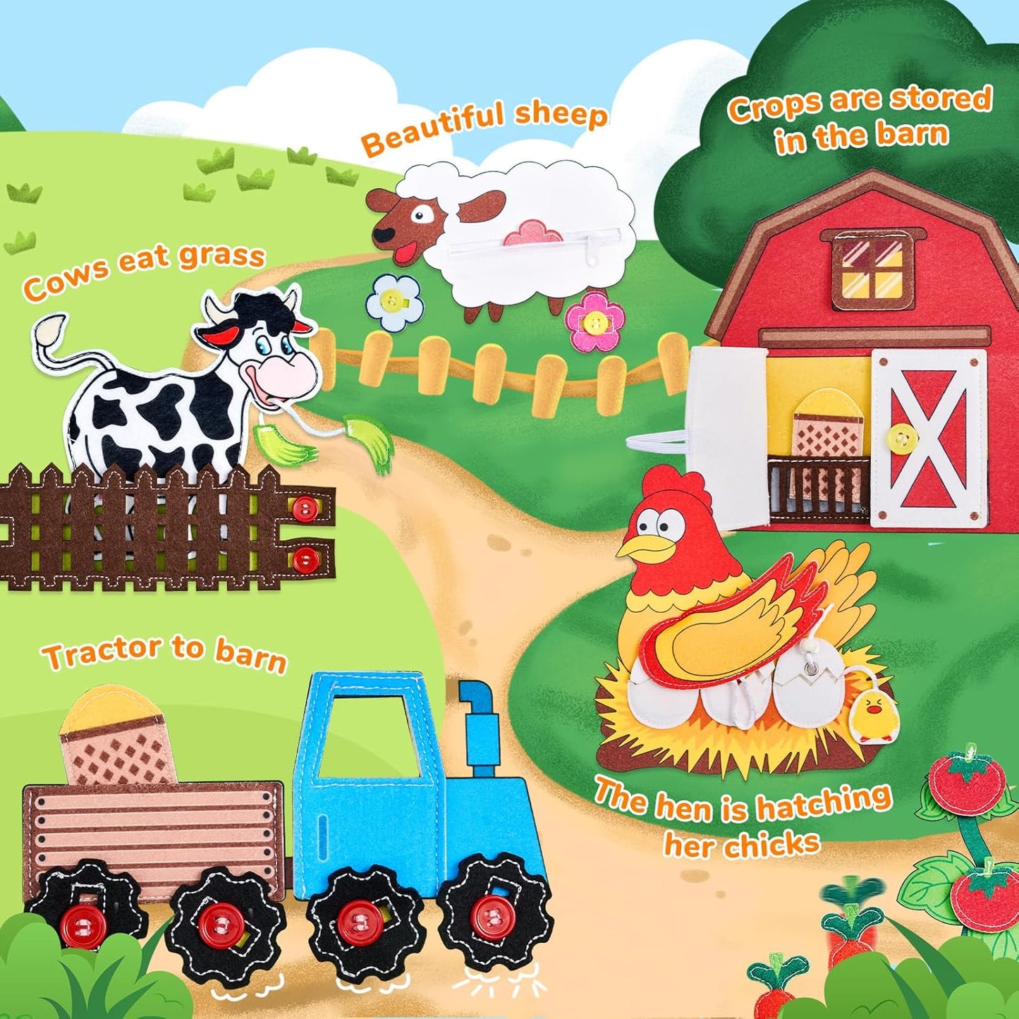 Farm Busy Book for Toddlers 1–3 – Quiet Montessori Activity Book with 15 Daily Life Activities, Screen-Free Travel Toy for Toddlers