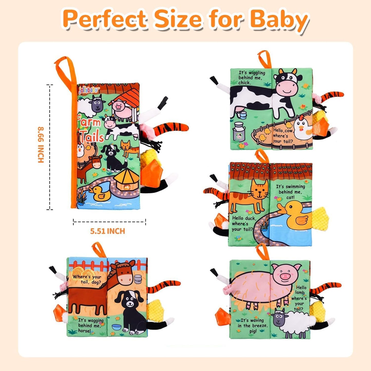 Soft Cloth Baby Books for Infants 0-6 Months - Crinkle Sensory Toys with Touch and Feel Features for Tummy Time - Farm Tails Edition
