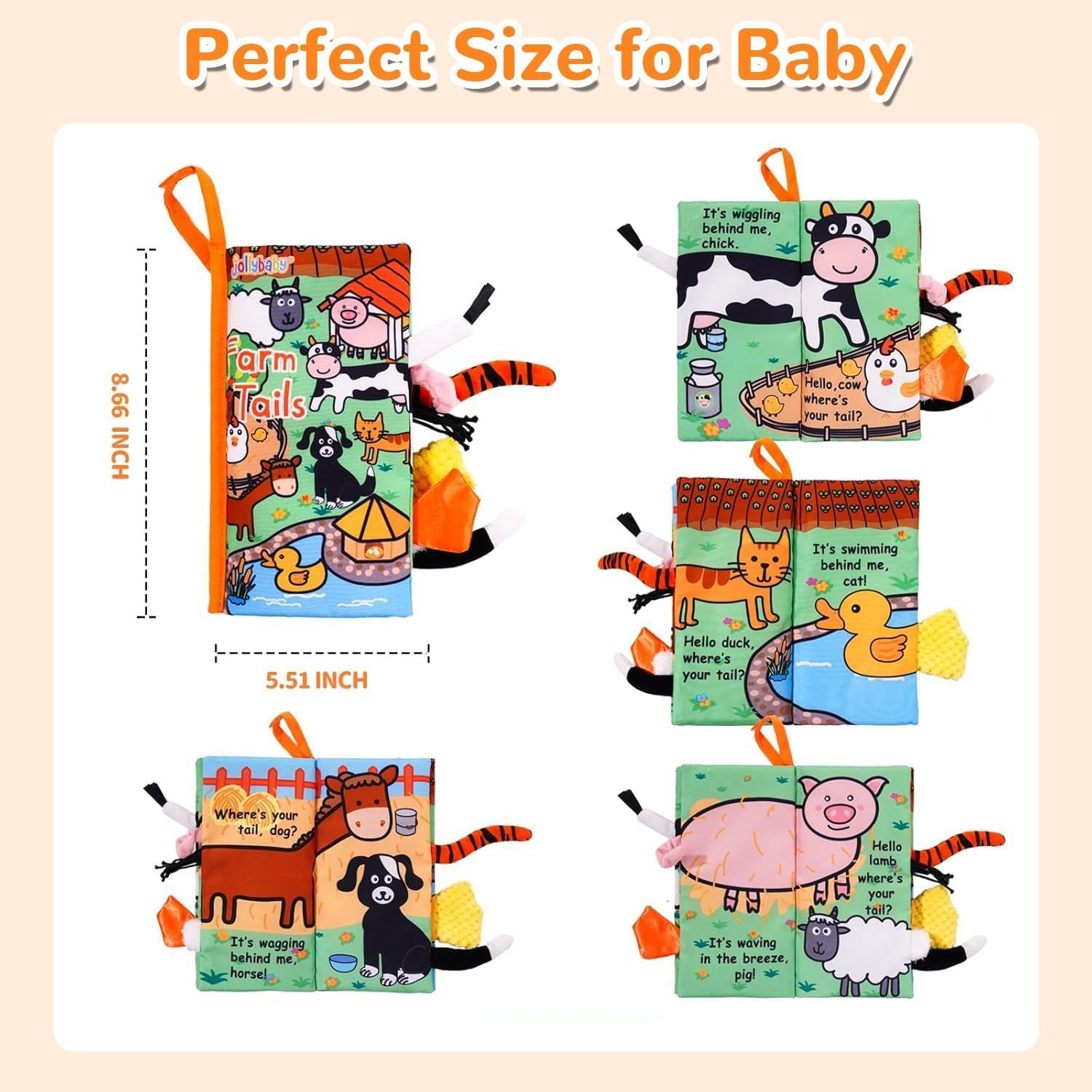 Soft Cloth Baby Books for Infants 0-6 Months - Crinkle Sensory Toys with Touch and Feel Features for Tummy Time - Farm Tails Edition