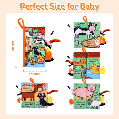 Soft Cloth Baby Books for Infants 0-6 Months - Crinkle Sensory Toys with Touch and Feel Features for Tummy Time - Farm Tails Edition