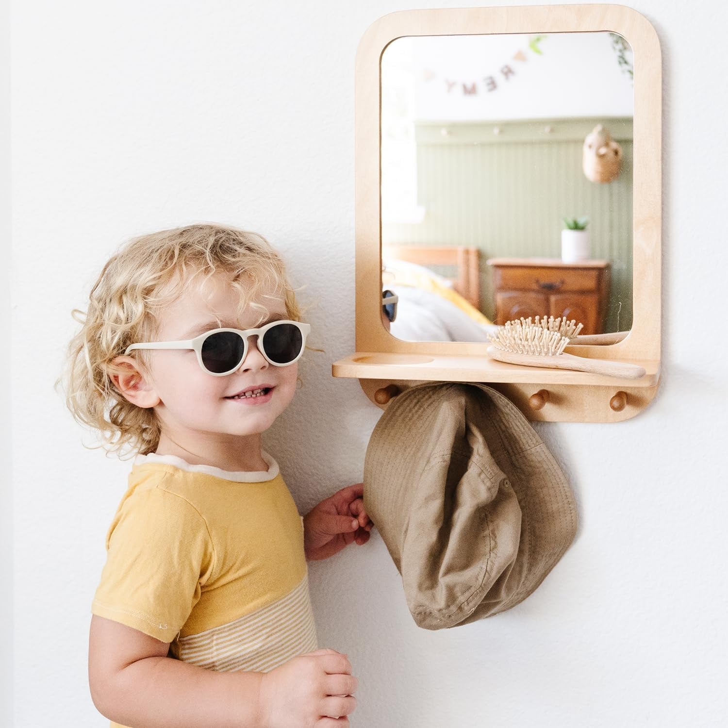 Montessori Wall Mirror with Hooks & Shelf - Toddler Self-Care Station