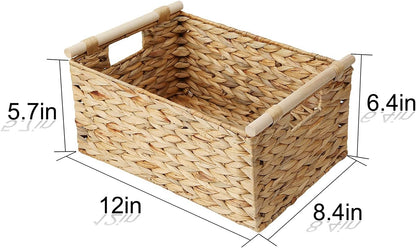 Natural Water Hyacinth Storage Baskets with Handles - Woven Rectangular Organizing Baskets for Shelves and Towels