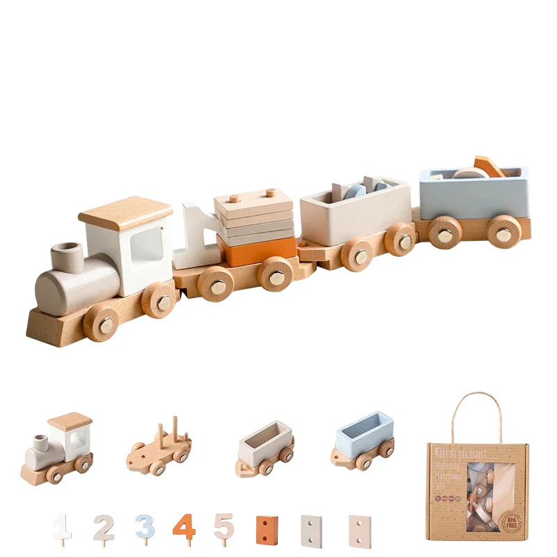 Wooden Train Set for Early Childhood Development - 12-Piece Educational Toy Featuring Numbers and Blocks for Ages 1-5
