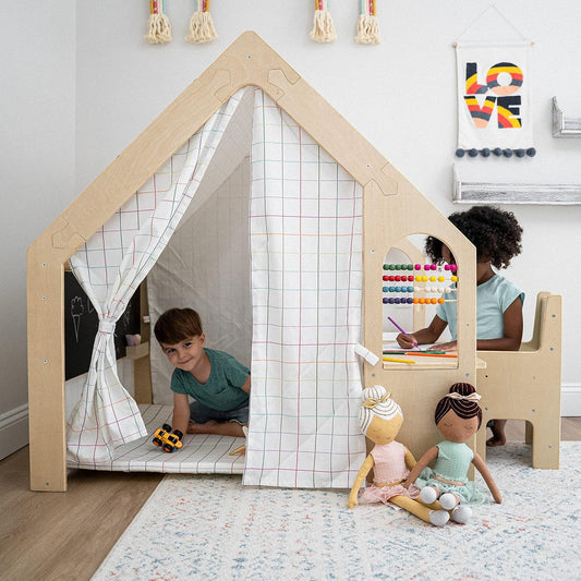 5 in 1 Indoor Playhouse with Desk Table, Chair, Chalkboard, Floor Cushion and Curtain Shades - Montessori and Waldorf Style