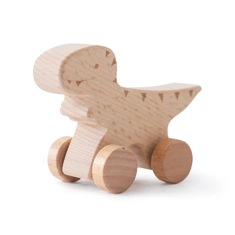 Set of 8 Wooden Dinosaur Vehicles - Montessori Developmental Push Toys for Infants and Toddlers