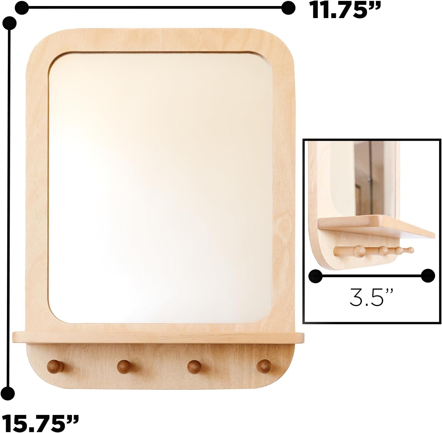 Montessori Wall Mirror with Hooks & Shelf - Toddler Self-Care Station
