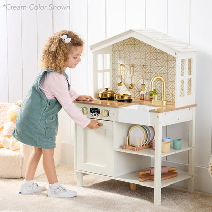 Rose Wooden Farmhouse Kitchen Playset with Storage, Interactive Features, and Five Accessories