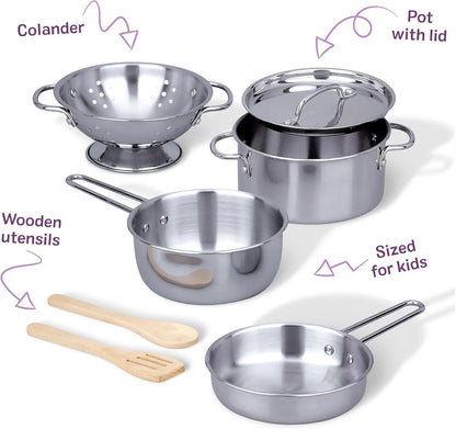 Stainless Steel Pots & Pans, 8 Piece Play Kitchen Set, Premium Play Kitchen Accessories & Cooking Utensils, Preschool Toys for Kids 3+