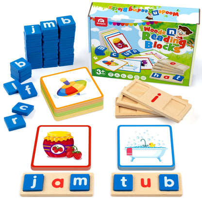 Wooden Spelling Games Short Vowel Reading Letters Sorting , Sight Words Learning Flashcards Alphabet Puzzle Montessori Educational Toy for 3 4 5 Years Old
