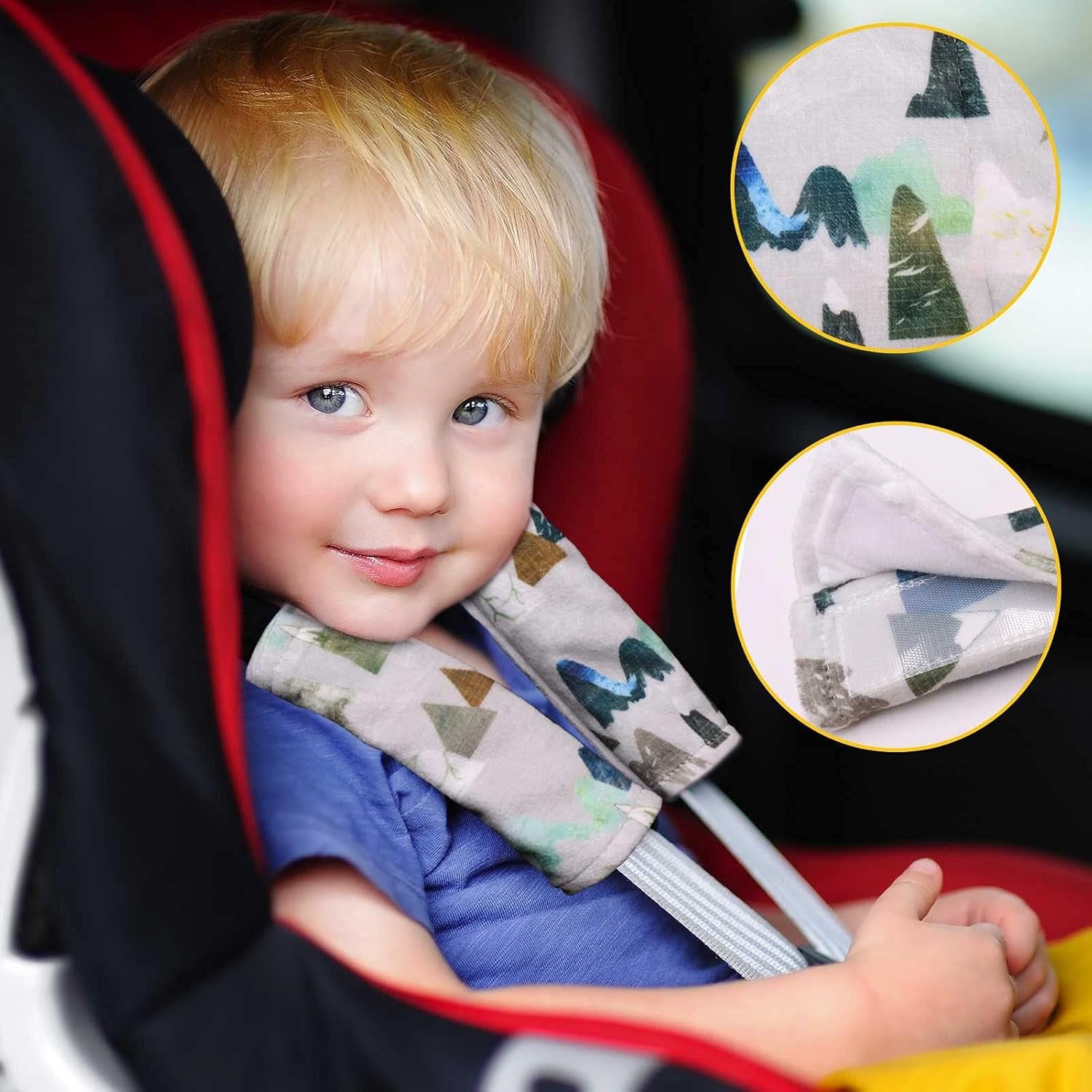 Baby Car Seat Belt Covers - Adventure Mountain Shoulder Pads for Children, Fleece Protectors for Car Seats, Pushchairs, and Strollers, Suitable for Newborns, Infants, and Toddlers