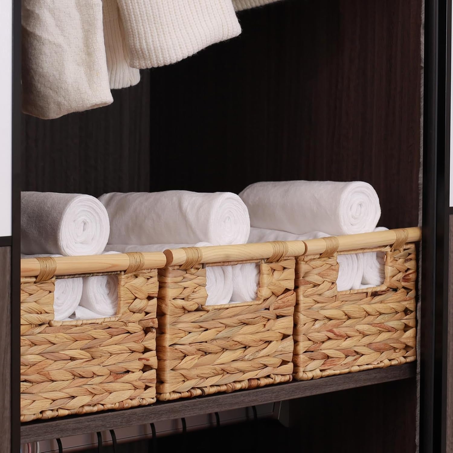 Natural Water Hyacinth Storage Baskets with Handles - Woven Rectangular Organizing Baskets for Shelves and Towels