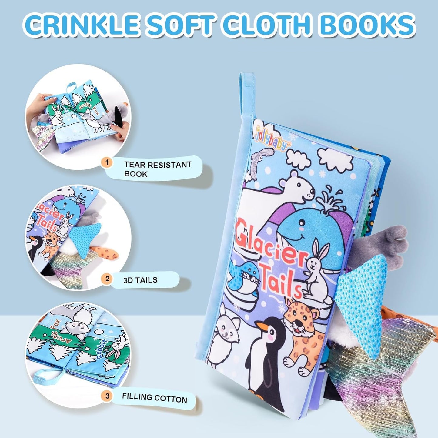 Soft Cloth Baby Books for Infants 0-6 Months - Crinkle Sensory Toys with Glacier Tails for Tummy Time and Touch & Feel Experience (3 Months+)