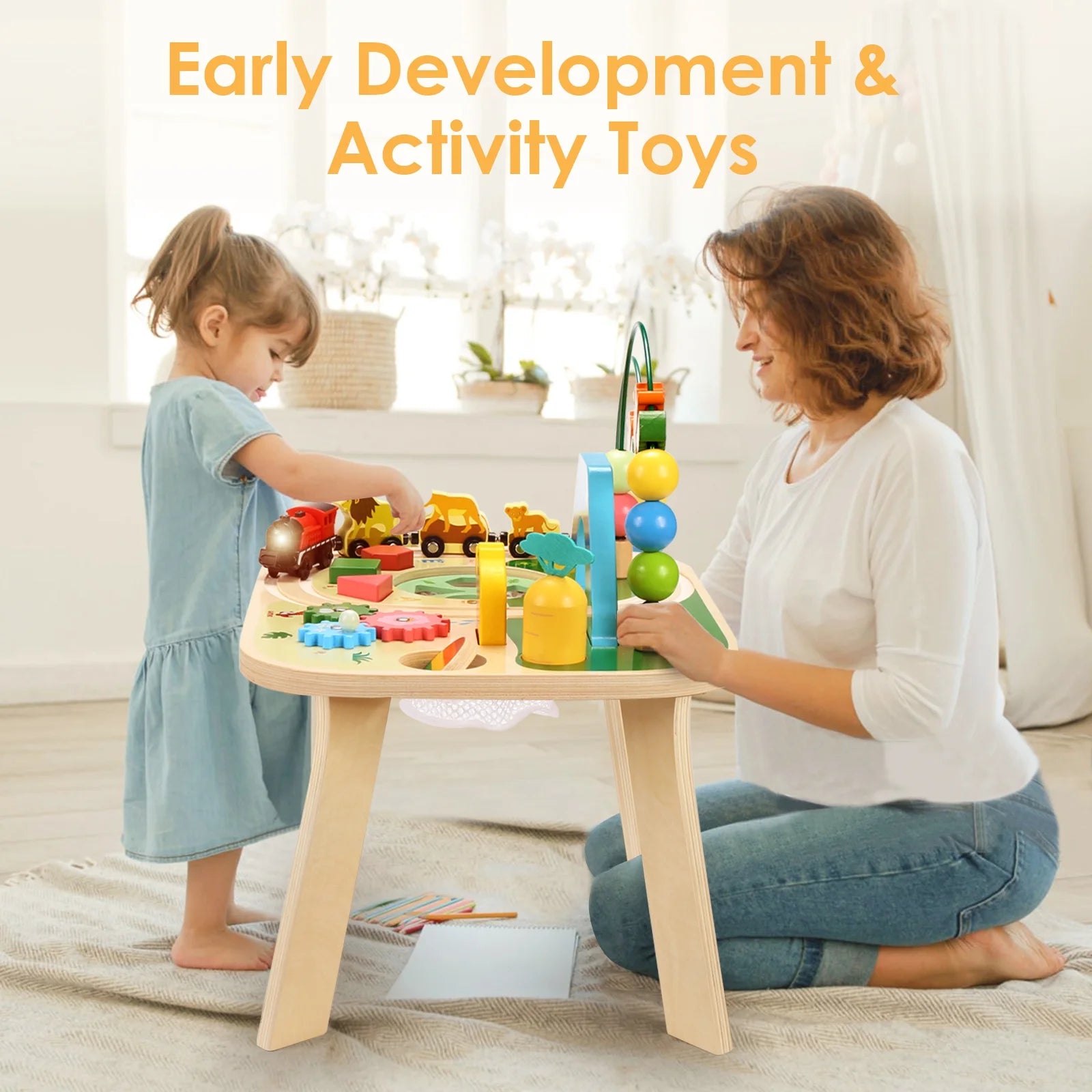 Montessori Wooden Bead Maze Train Track Activity Table for Toddlers Aged 1-5 - Sensory Learning Toy
