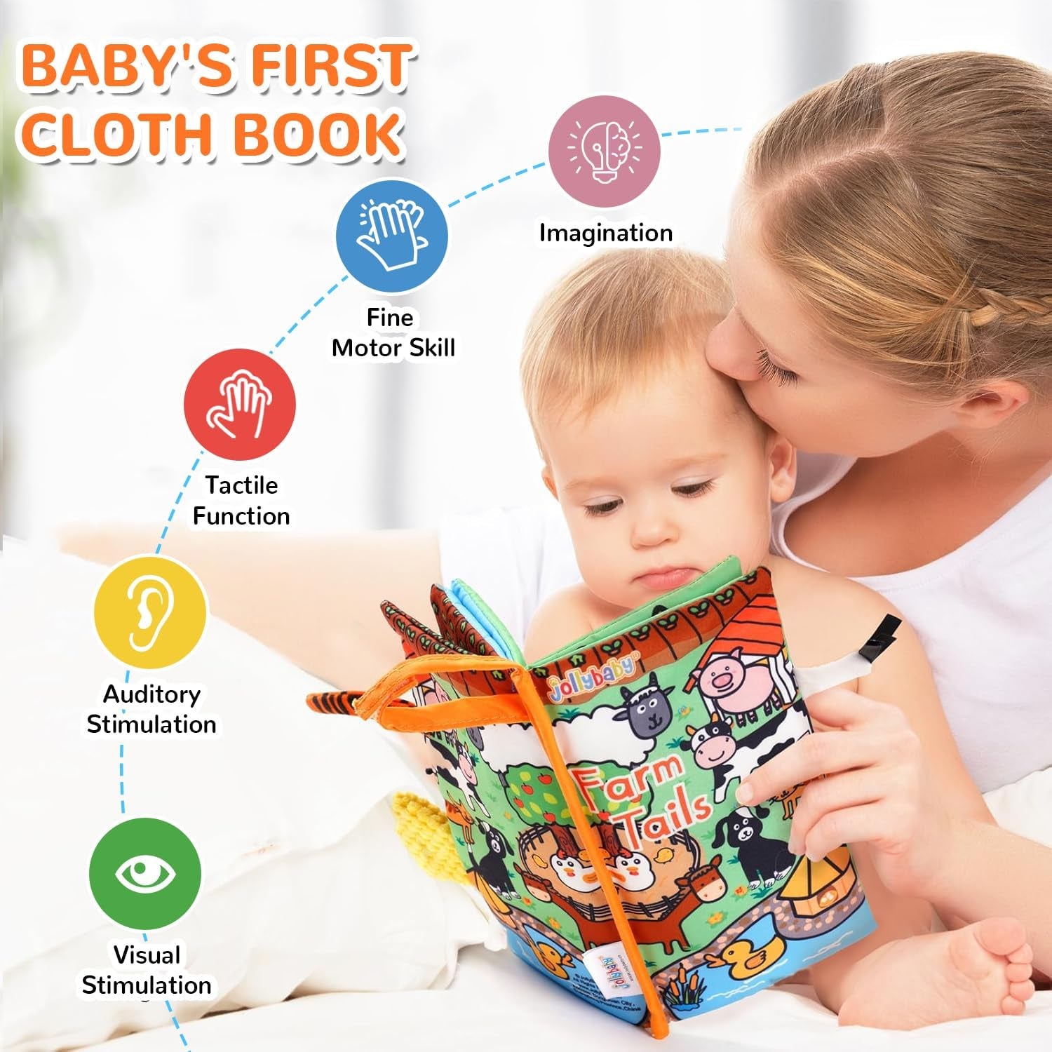 Soft Cloth Baby Books for Infants 0-6 Months - Crinkle Sensory Toys with Touch and Feel Features for Tummy Time - Farm Tails Edition