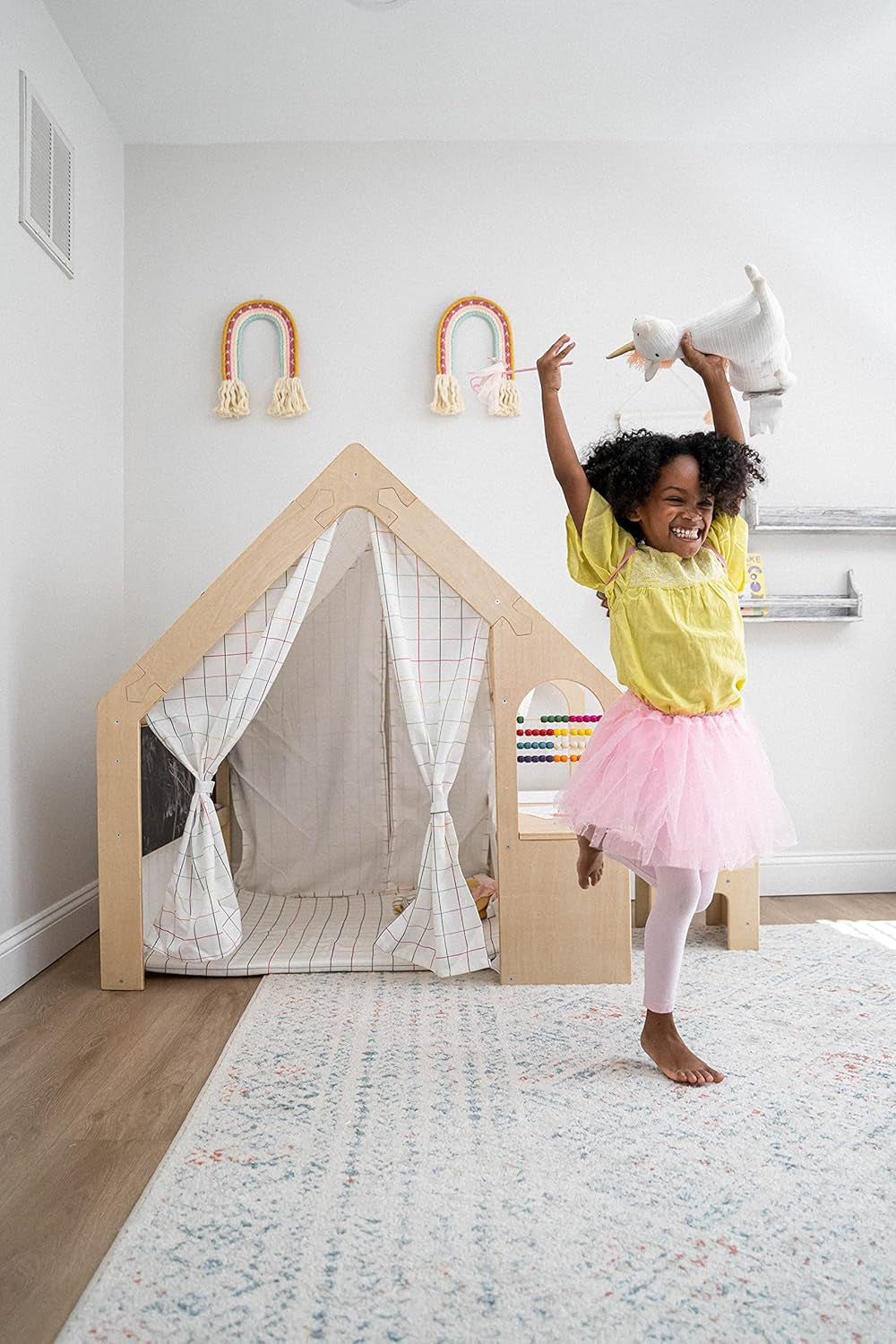 5 in 1 Indoor Playhouse with Desk Table, Chair, Chalkboard, Floor Cushion and Curtain Shades - Montessori and Waldorf Style