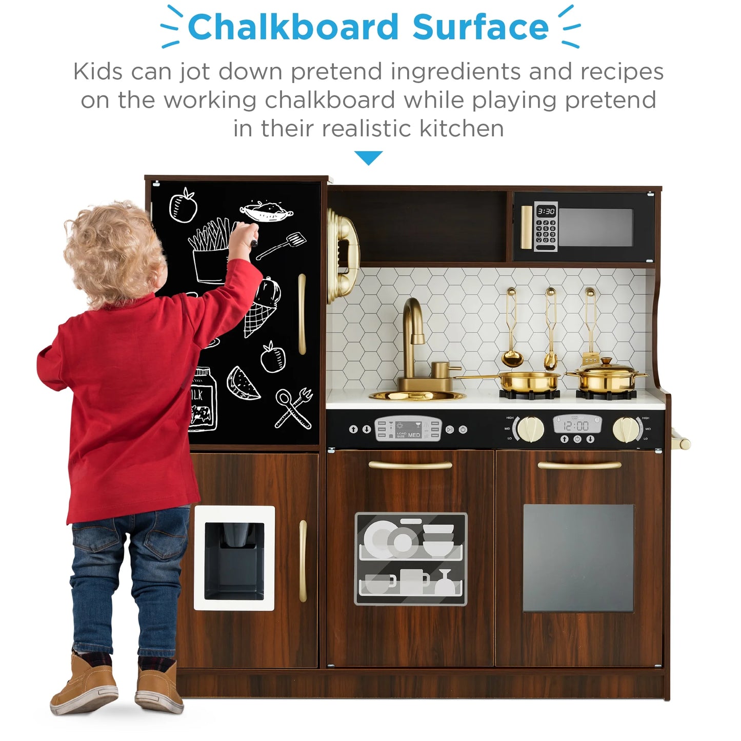 Pretend Play Kitchen Wooden Toy Set for Kids W/ Telephone, Utensils, Oven, Microwave - Espresso