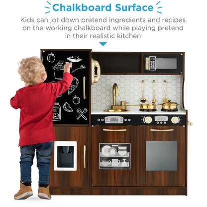 Pretend Play Kitchen Wooden Toy Set for Kids W/ Telephone, Utensils, Oven, Microwave - Espresso