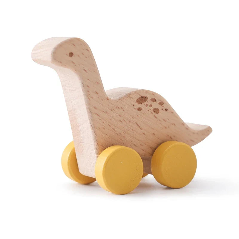 Set of 8 Wooden Dinosaur Vehicles - Montessori Developmental Push Toys for Infants and Toddlers