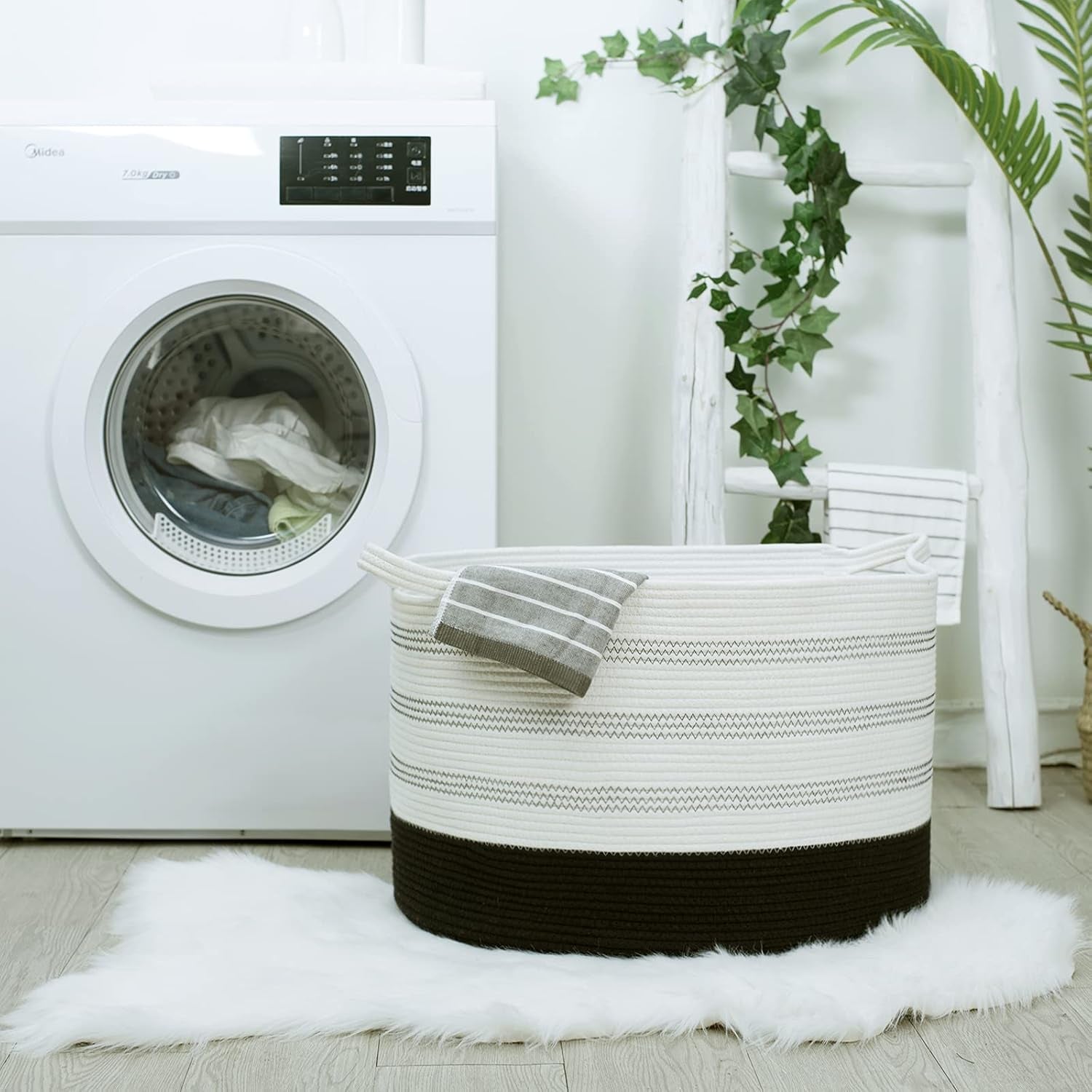 Xxxlarge Cotton Rope Basket 22" X 22"X 14" Blanket Basket for Living Room Woven Basket Soft Baby Laundry Blanket Basket Nursery Bin Toy Basket with Handle White+Black