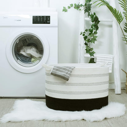 Xxxlarge Cotton Rope Basket 22" X 22"X 14" Blanket Basket for Living Room Woven Basket Soft Baby Laundry Blanket Basket Nursery Bin Toy Basket with Handle White+Black