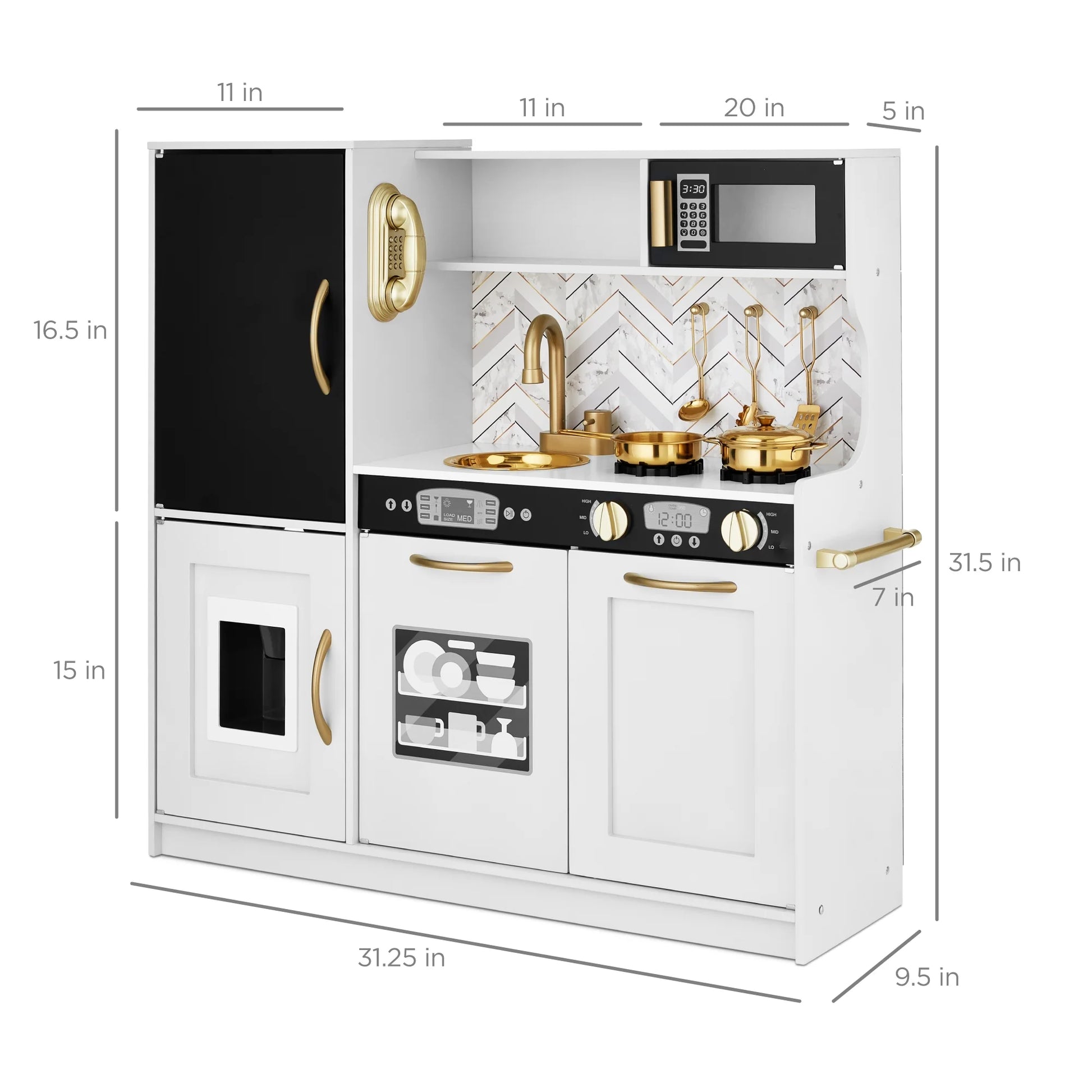 Children's Wooden Pretend Play Kitchen Set with Telephone, Utensils, Oven, and Microwave - White Bevel Finish