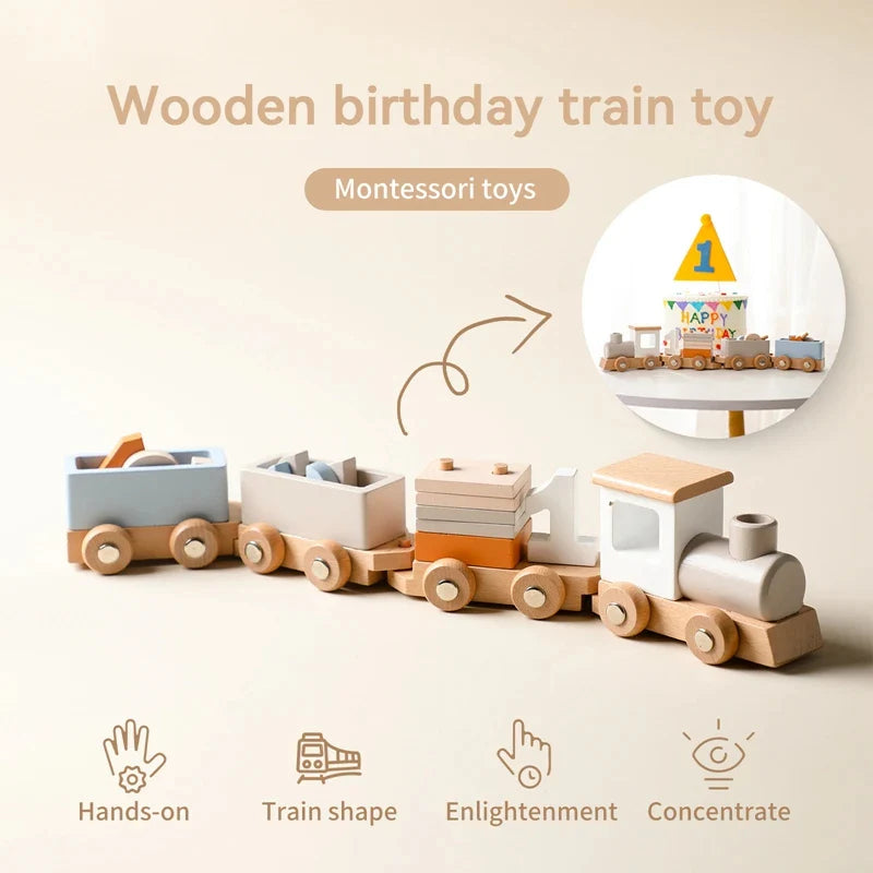Wooden Train Set for Early Childhood Development - 12-Piece Educational Toy Featuring Numbers and Blocks for Ages 1-5