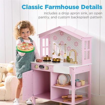 Rose Wooden Farmhouse Kitchen Playset with Storage, Interactive Features, and Five Accessories