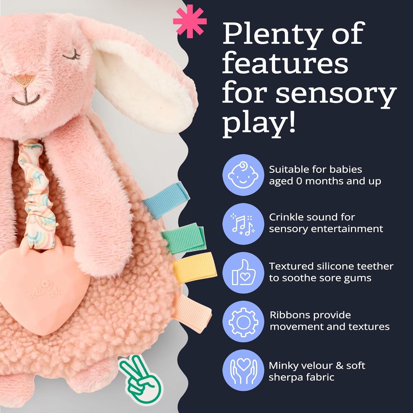 Itzy Lovey with Teether - Plush Baby Lovey Featuring Textured Ribbons, Dangle Arms, Crinkle Sound, Sherpa Fabric, and Minky Plush (Pink Bunny)