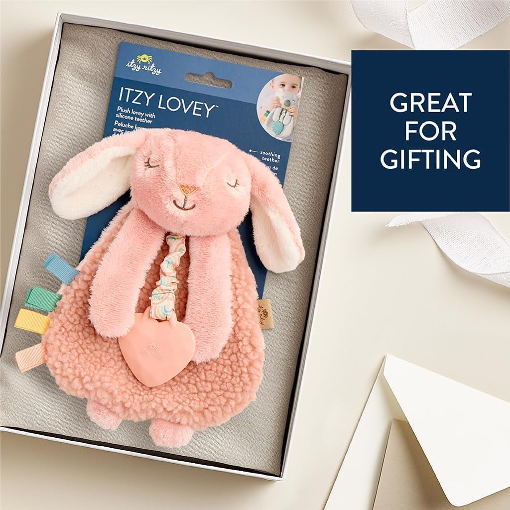 Itzy Lovey with Teether - Plush Baby Lovey Featuring Textured Ribbons, Dangle Arms, Crinkle Sound, Sherpa Fabric, and Minky Plush (Pink Bunny)