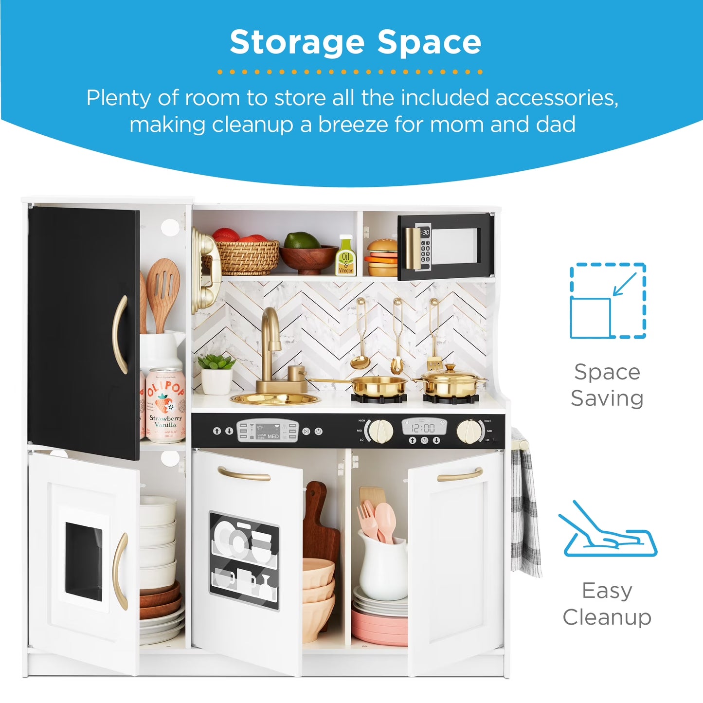Children's Wooden Pretend Play Kitchen Set with Telephone, Utensils, Oven, and Microwave - White Bevel Finish