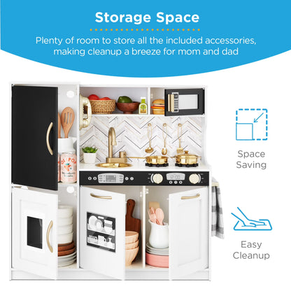 Children's Wooden Pretend Play Kitchen Set with Telephone, Utensils, Oven, and Microwave - White Bevel Finish