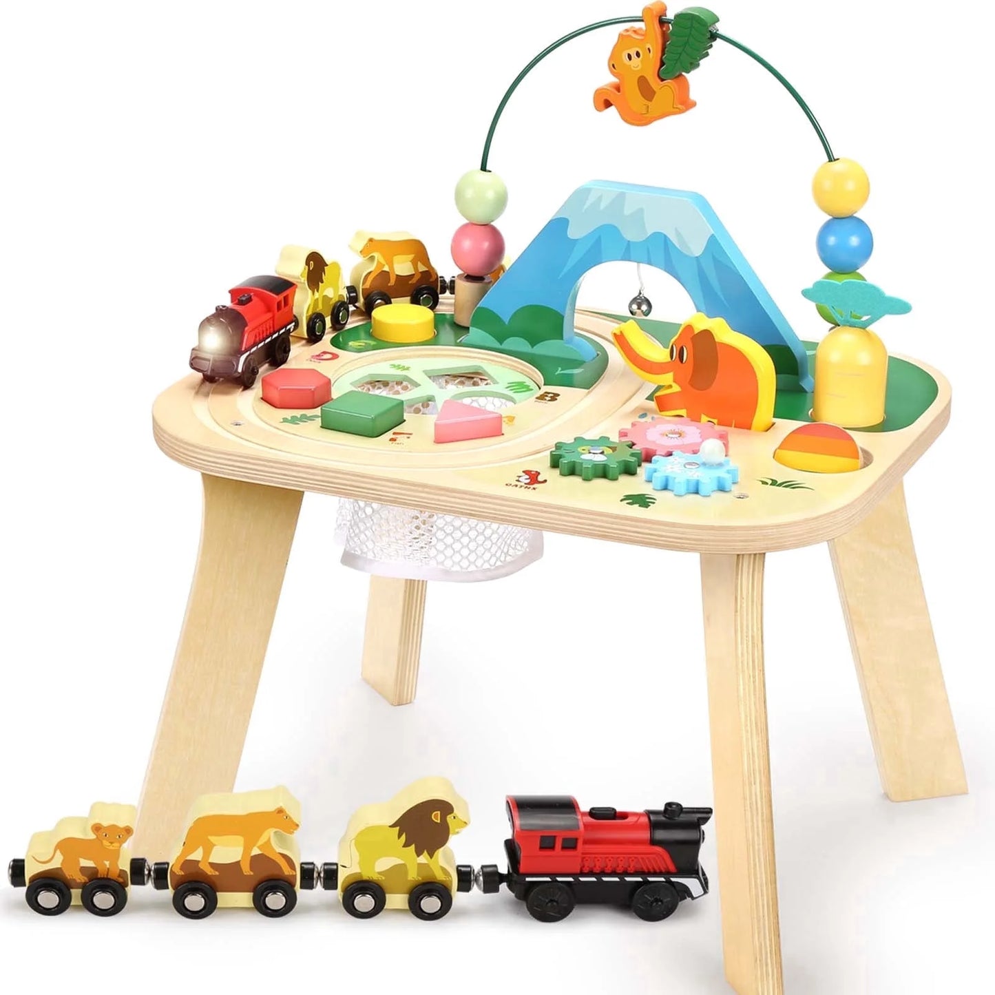 Montessori Wooden Bead Maze Train Track Activity Table for Toddlers Aged 1-5 - Sensory Learning Toy