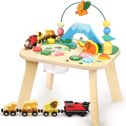 Montessori Wooden Bead Maze Train Track Activity Table for Toddlers Aged 1-5 - Sensory Learning Toy