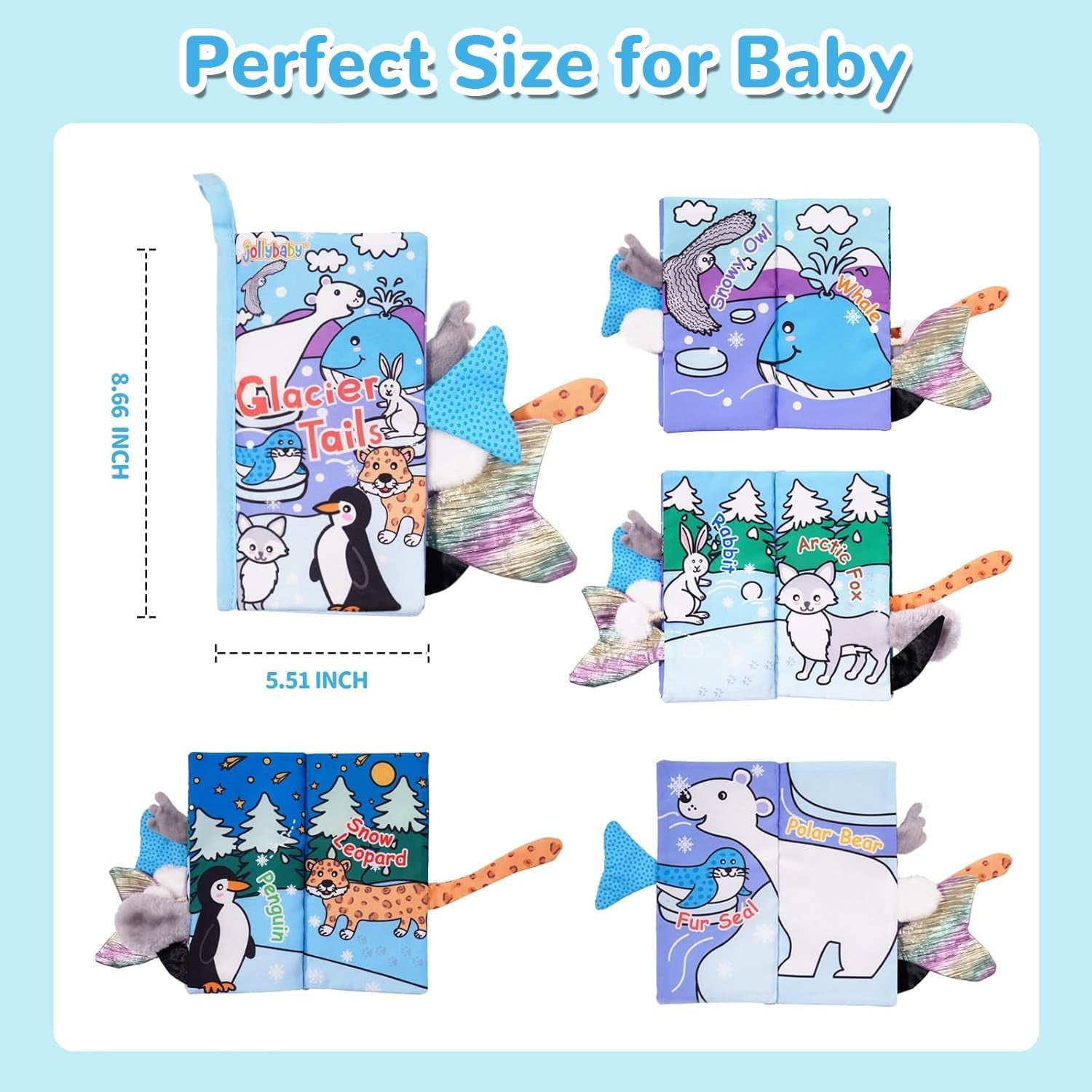 Soft Cloth Baby Books for Infants 0-6 Months - Crinkle Sensory Toys with Glacier Tails for Tummy Time and Touch & Feel Experience (3 Months+)
