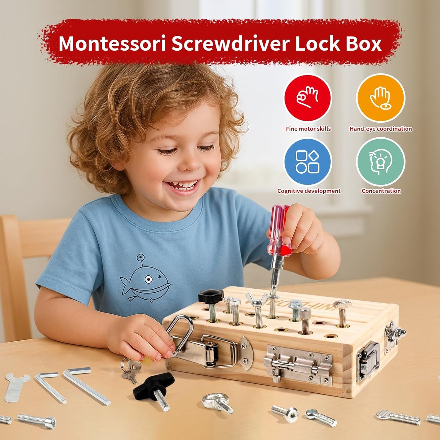 Wooden Sensory Toy with Locks, Latches & Screwdriver Set, Montessori Busy Board for Toddlers, Fine Motor Skills Learning Toy for Travel, Quiet Play & Preschool Activities