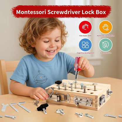 Wooden Sensory Toy with Locks, Latches & Screwdriver Set, Montessori Busy Board for Toddlers, Fine Motor Skills Learning Toy for Travel, Quiet Play & Preschool Activities