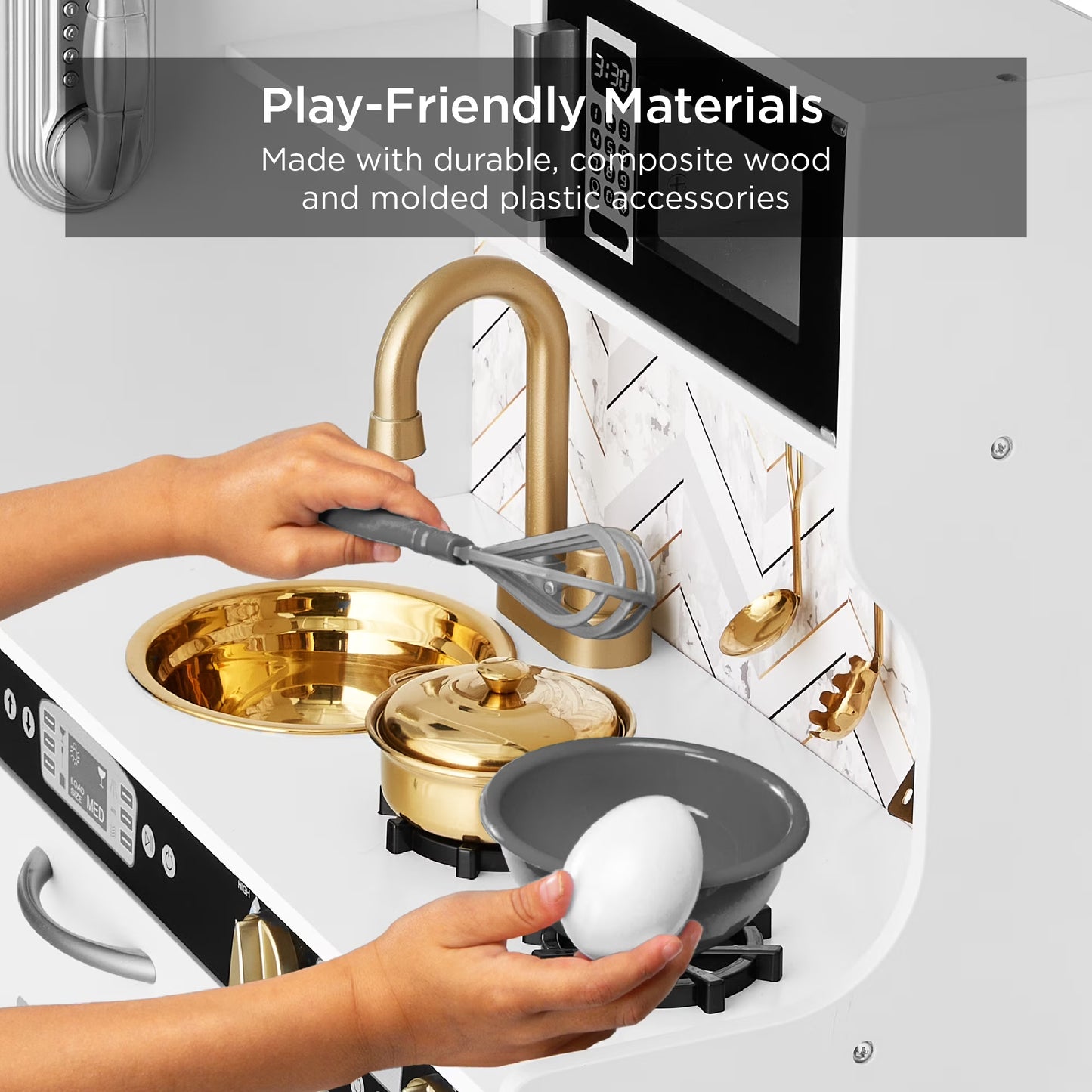 Children's Wooden Pretend Play Kitchen Set with Telephone, Utensils, Oven, and Microwave - White Bevel Finish