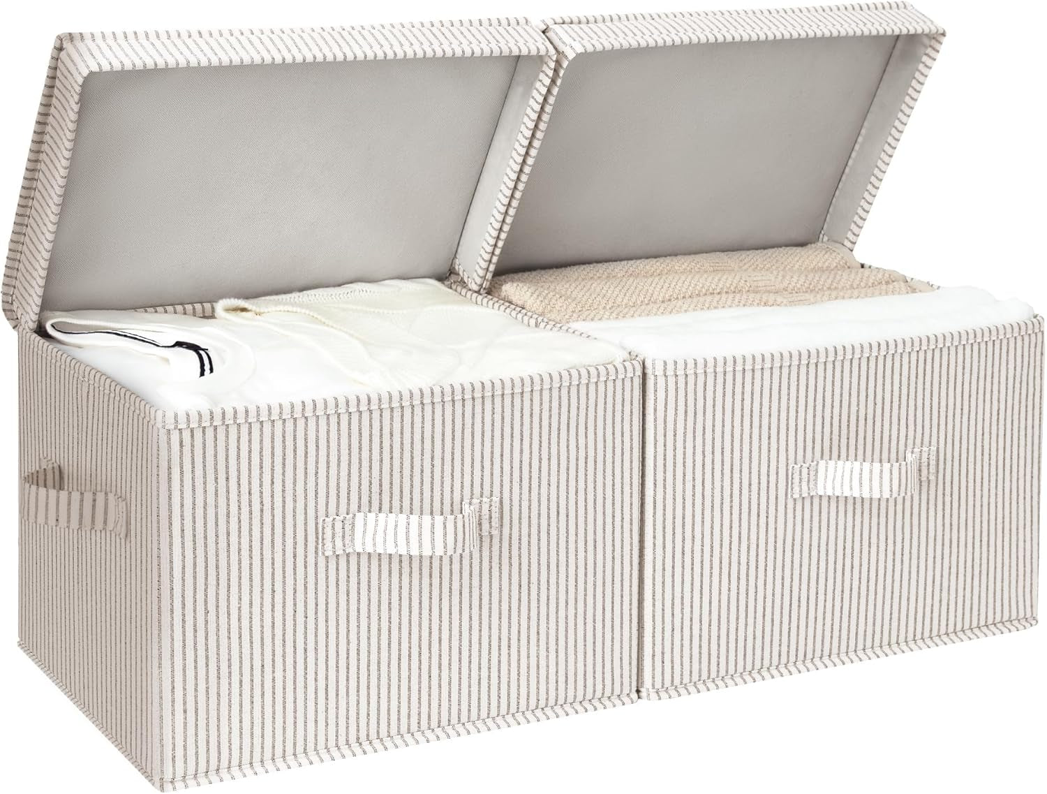 Fabric Storage Bins with Lids, Decorative Stackable Organizer Baskets with Handles, Large Khaki and Beige Stripes, Set of 2
