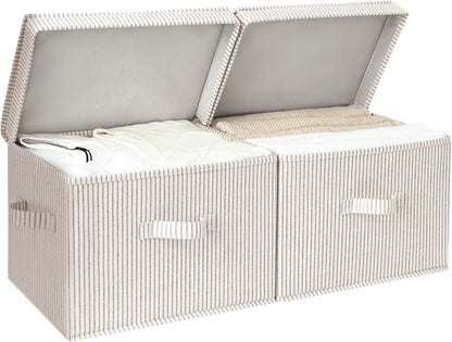 Fabric Storage Bins with Lids, Decorative Stackable Organizer Baskets with Handles, Large Khaki and Beige Stripes, Set of 2