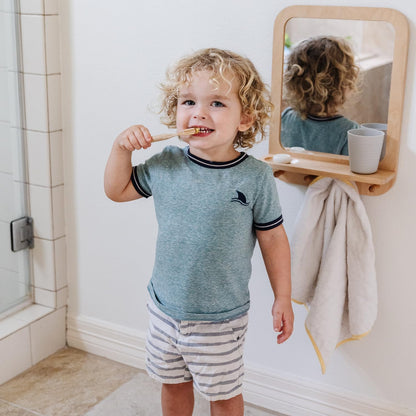 Montessori Wall Mirror with Hooks & Shelf - Toddler Self-Care Station