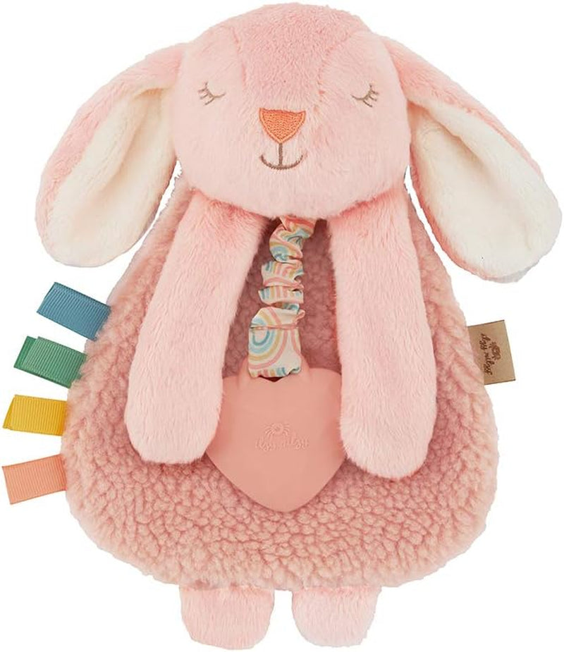 Itzy Lovey with Teether - Plush Baby Lovey Featuring Textured Ribbons, Dangle Arms, Crinkle Sound, Sherpa Fabric, and Minky Plush (Pink Bunny)