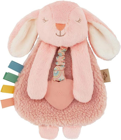 Itzy Lovey with Teether - Plush Baby Lovey Featuring Textured Ribbons, Dangle Arms, Crinkle Sound, Sherpa Fabric, and Minky Plush (Pink Bunny)