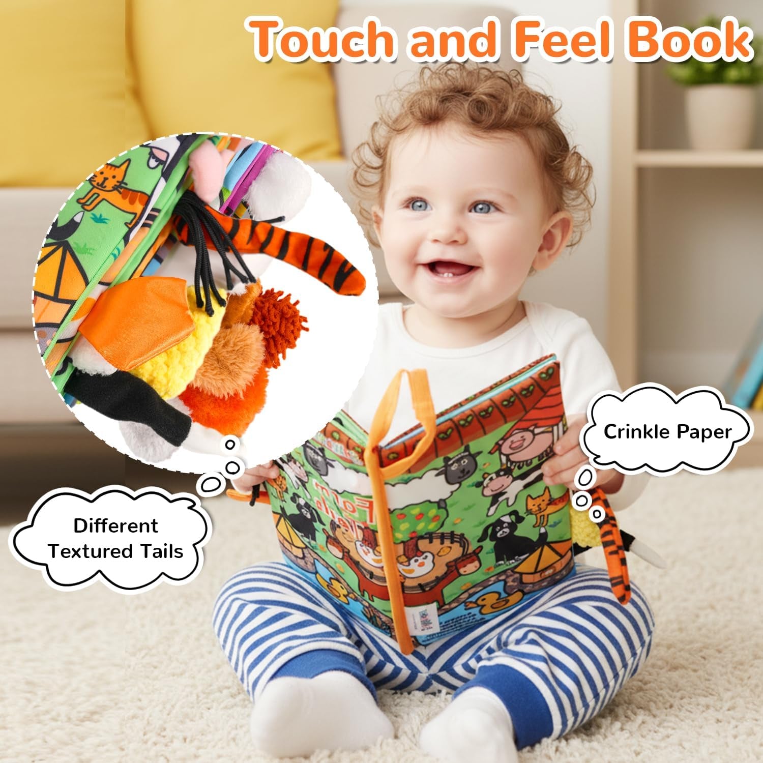 Soft Cloth Baby Books for Infants 0-6 Months - Crinkle Sensory Toys with Touch and Feel Features for Tummy Time - Farm Tails Edition