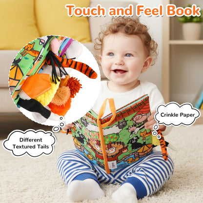 Soft Cloth Baby Books for Infants 0-6 Months - Crinkle Sensory Toys with Touch and Feel Features for Tummy Time - Farm Tails Edition