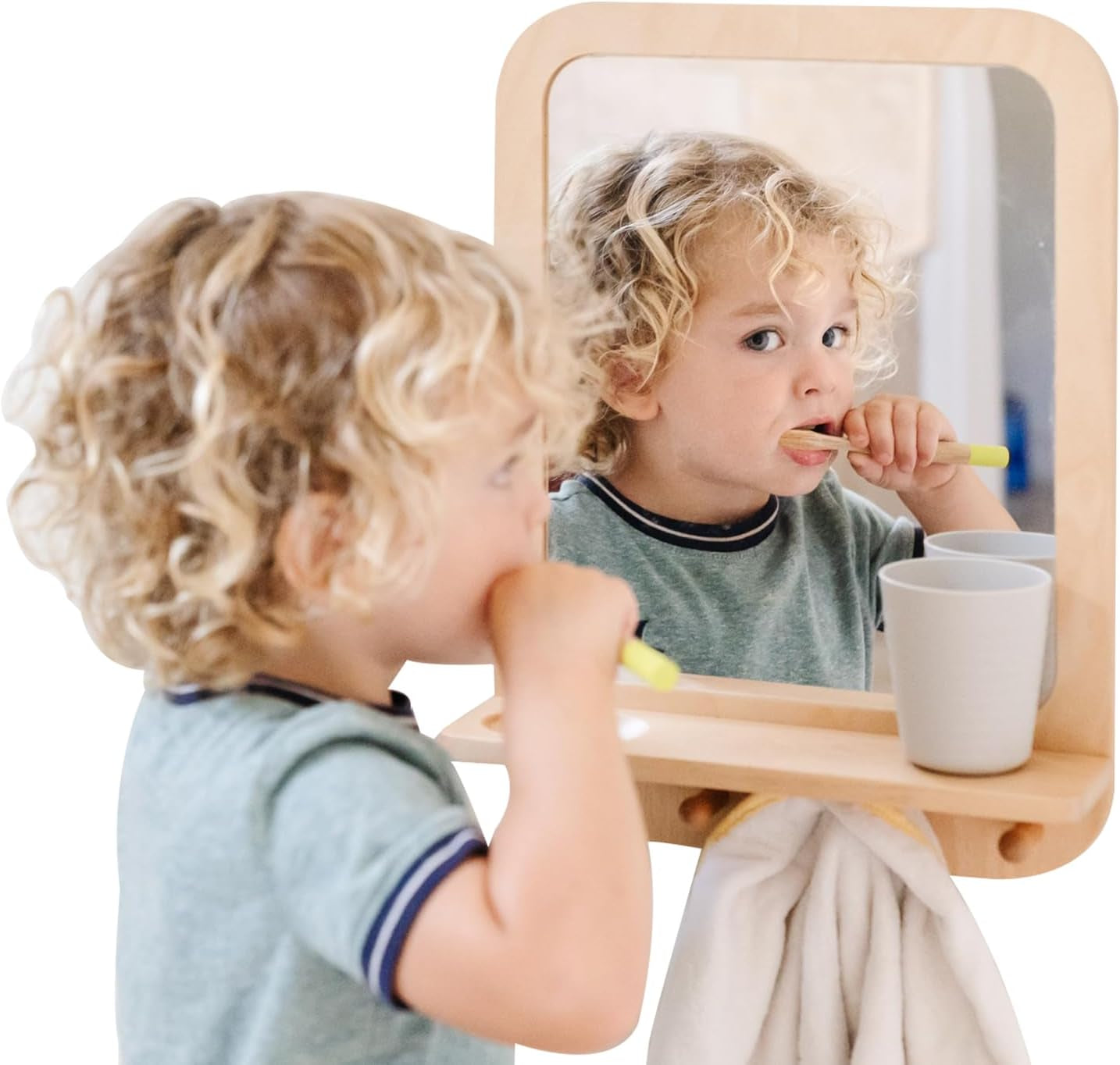 Montessori Wall Mirror with Hooks & Shelf - Toddler Self-Care Station