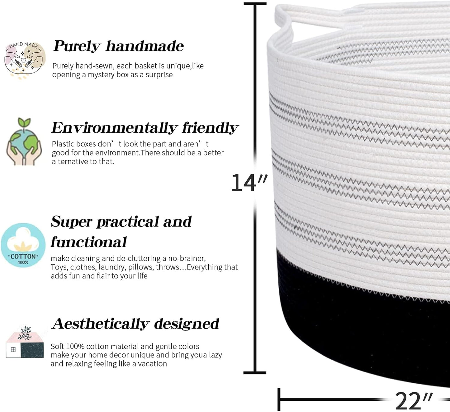 Xxxlarge Cotton Rope Basket 22" X 22"X 14" Blanket Basket for Living Room Woven Basket Soft Baby Laundry Blanket Basket Nursery Bin Toy Basket with Handle White+Black